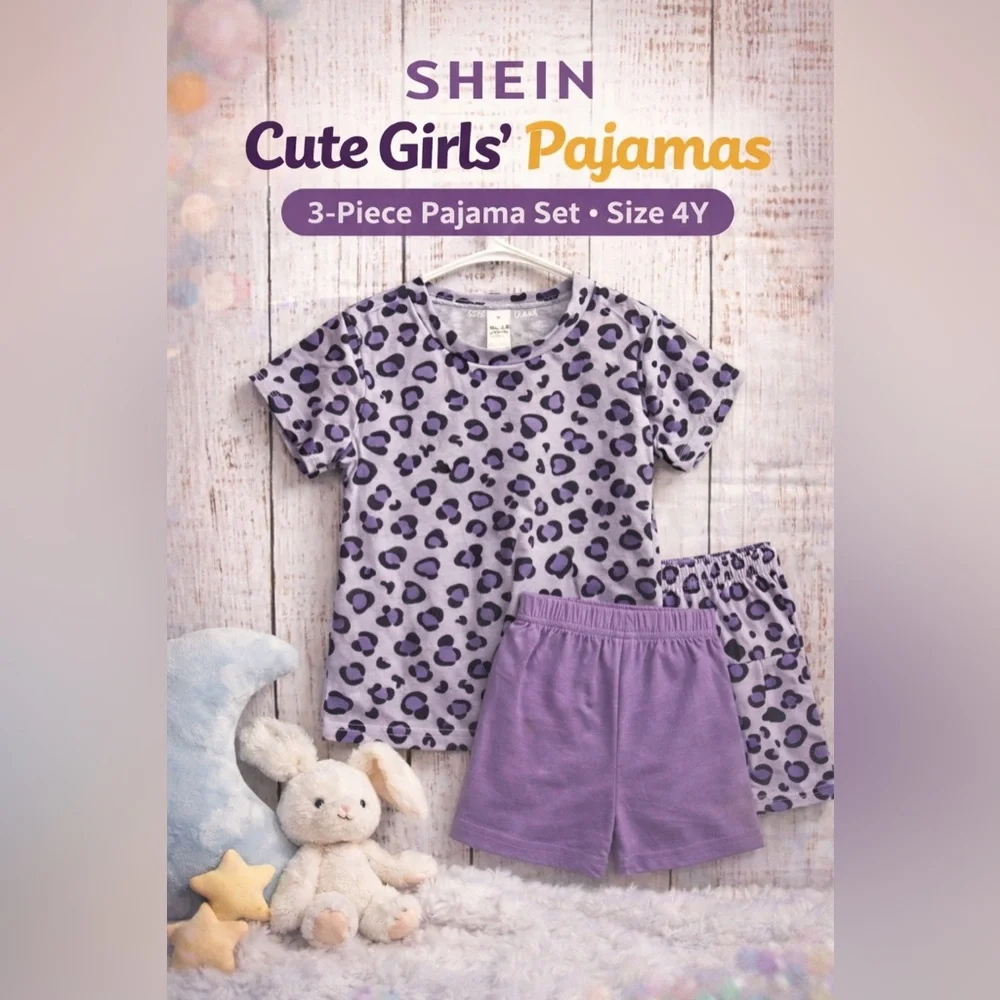 SHEIN Girls 3-Piece Pajama Set Leopard Print Purple‎ Size 4Y